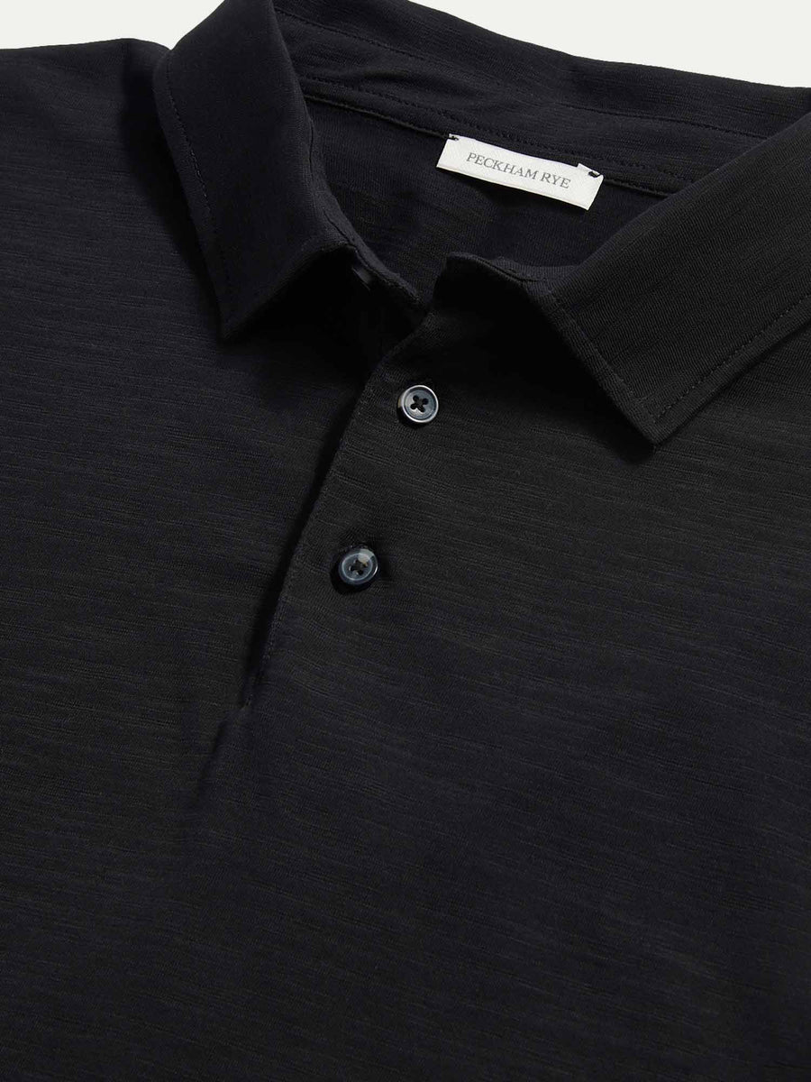 Slub Jersey Long Sleeve Polo Shirt in Black