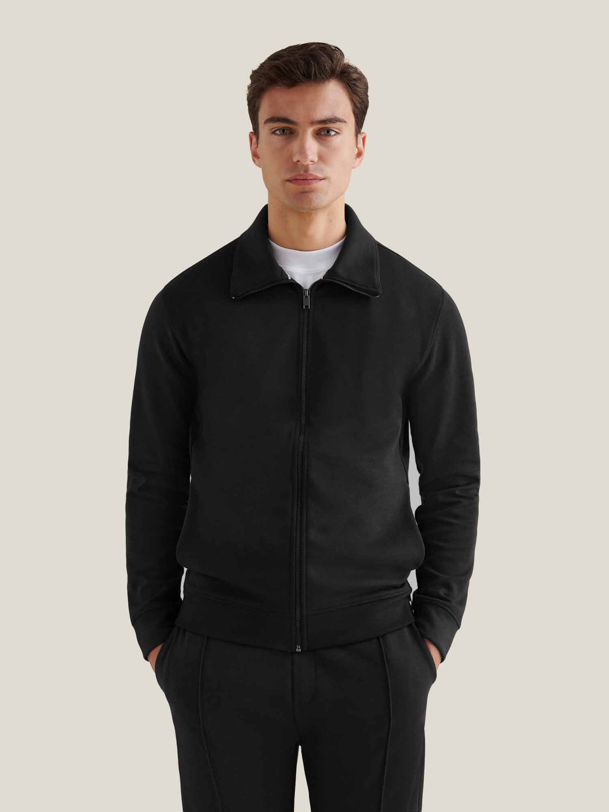 Jersey Interlock Zip Funnel Sweat in Black