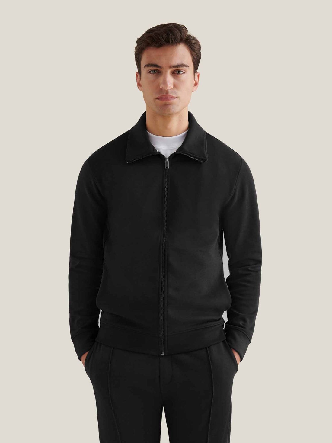 Jersey Interlock Zip Funnel Sweat in Black