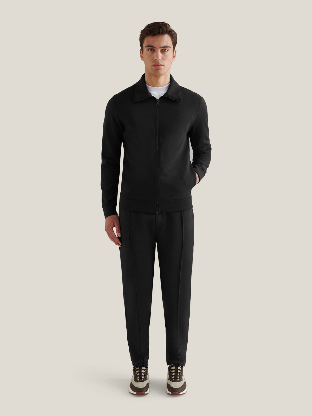 Jersey Interlock Zip Funnel Sweat in Black