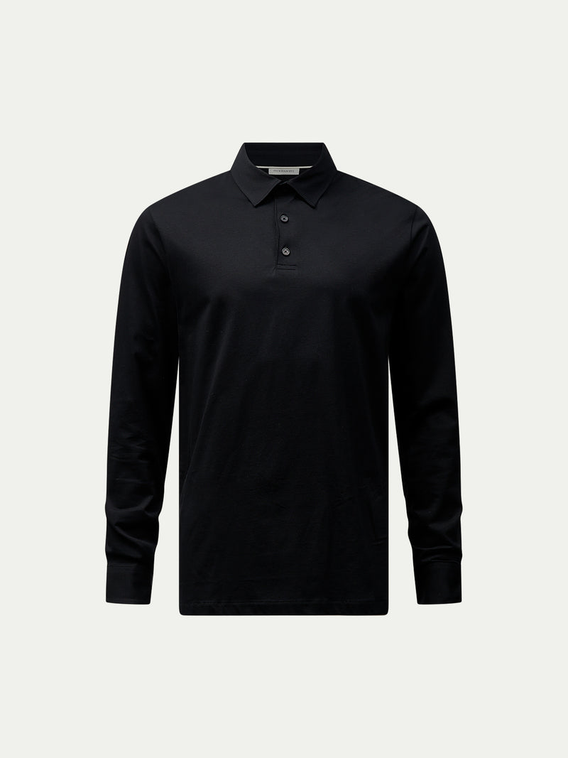 Mercerised Cotton Long Sleeve Polo Shirt Black