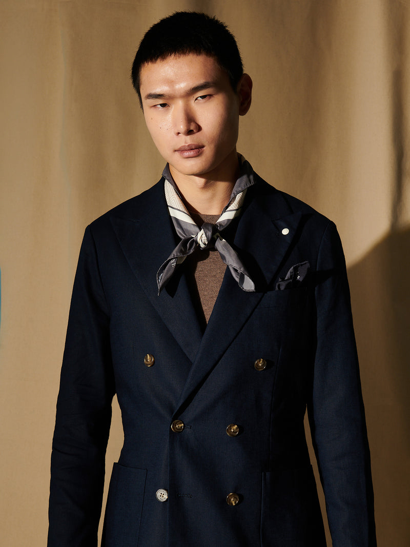 Castello Linen Blend Double Breasted Blazer in Dark Sapphire Navy
