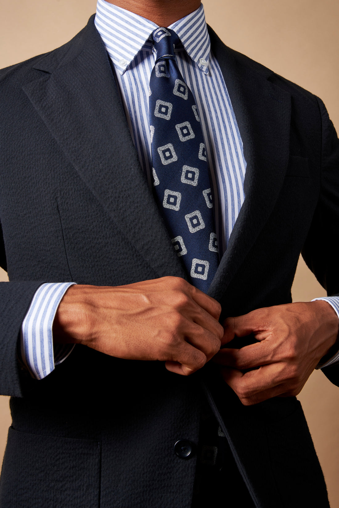 Silk Geo Print Tie in Navy Blue