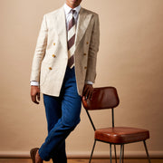 Contemporary Linen Herringbone Double Breasted Blazer Jacket in Egret