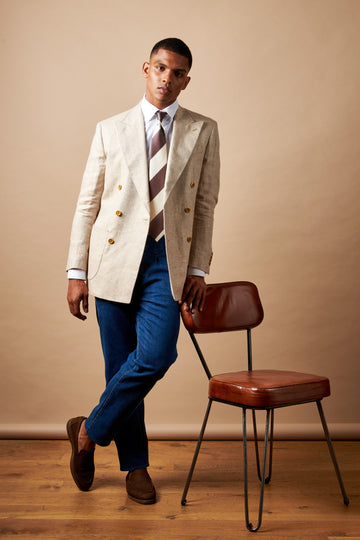 Contemporary Linen Herringbone Double Breasted Blazer Jacket in Egret