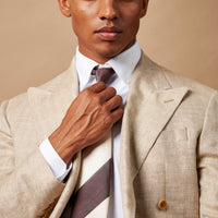 Contemporary Linen Herringbone Double Breasted Blazer Jacket in Egret