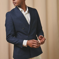 Linen Contemporary Linen Double Breasted Blazer Jacket in Navy Blue