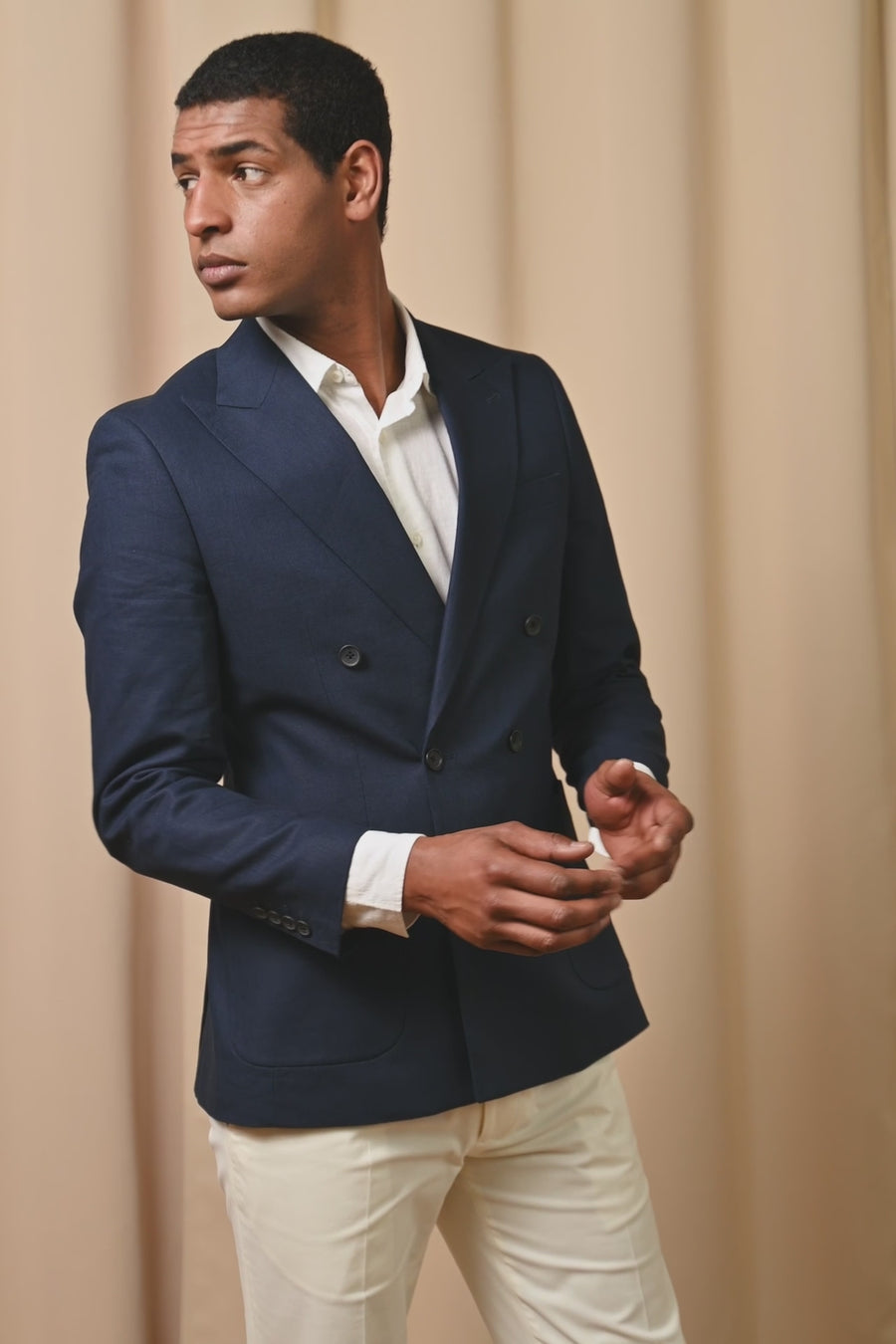 Linen Contemporary Linen Double Breasted Blazer Jacket in Navy Blue