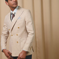 Contemporary Linen Herringbone Double Breasted Blazer Jacket in Egret