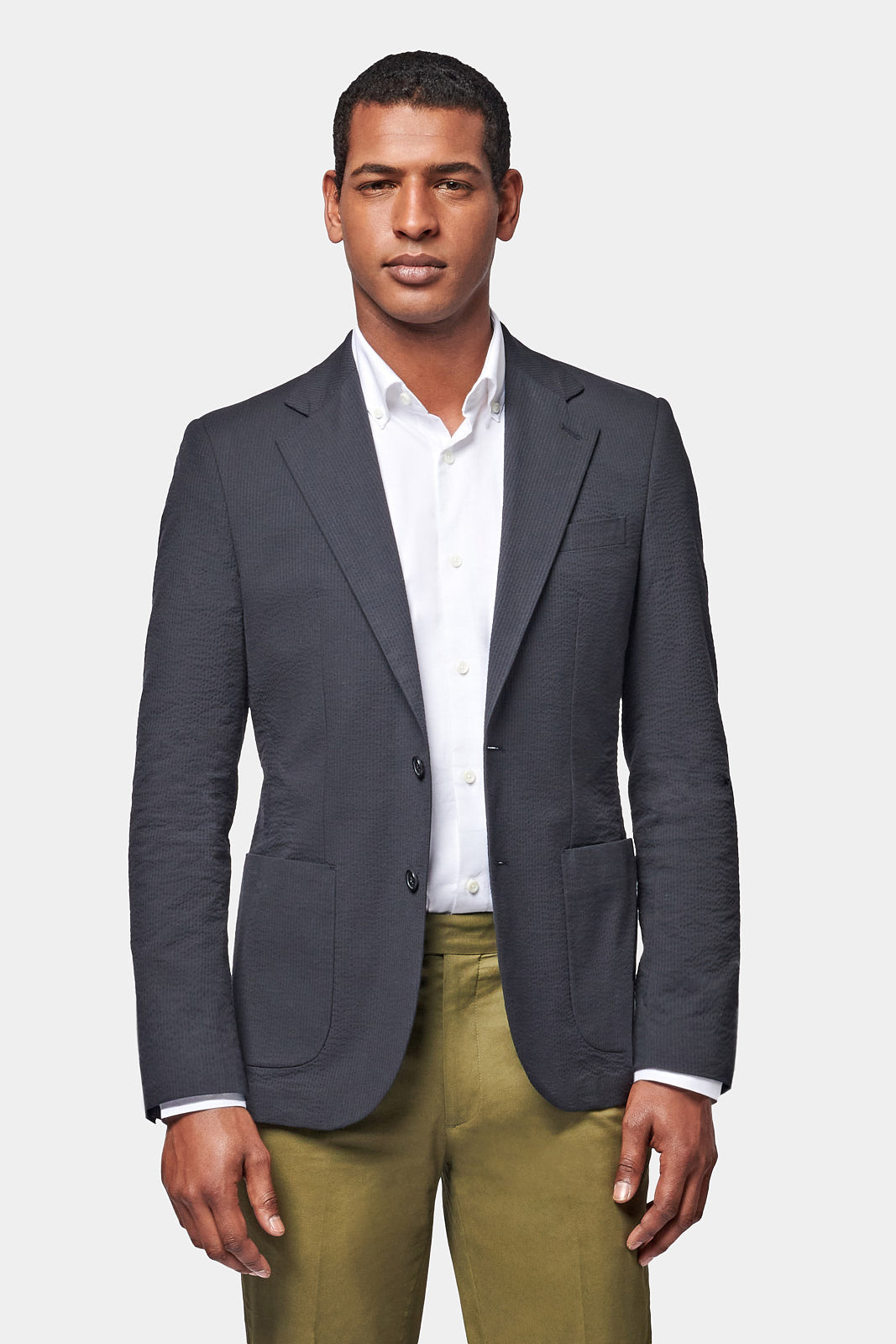 Seersucker Notched Lapel Blazer Jacket in Navy Blue