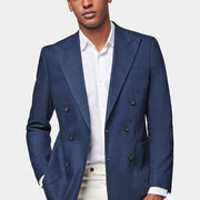 Contemporary Linen Double Breasted Blazer in Navy Blue