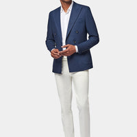 Contemporary Linen Double Breasted Blazer in Navy Blue