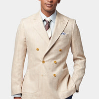 Contemporary Linen Herringbone Double Breasted Blazer Jacket in Egret