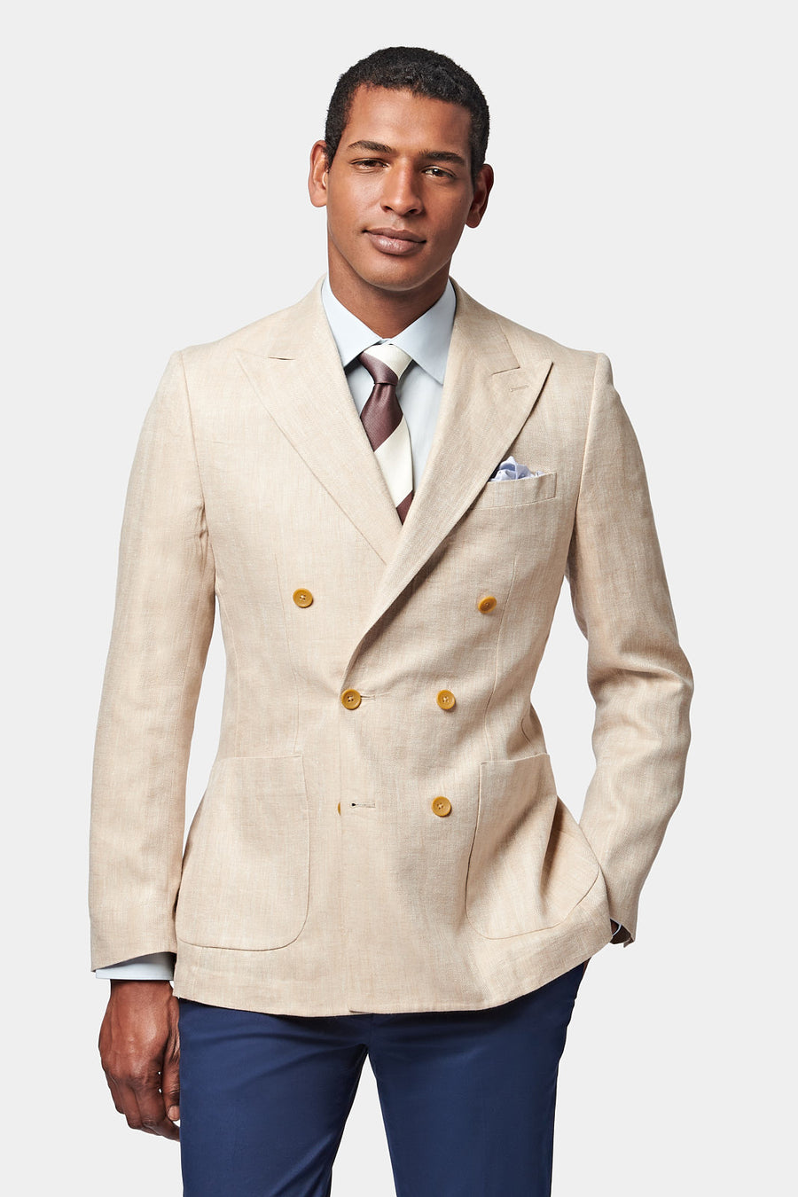 Contemporary Linen Herringbone Double Breasted Blazer Jacket in Egret