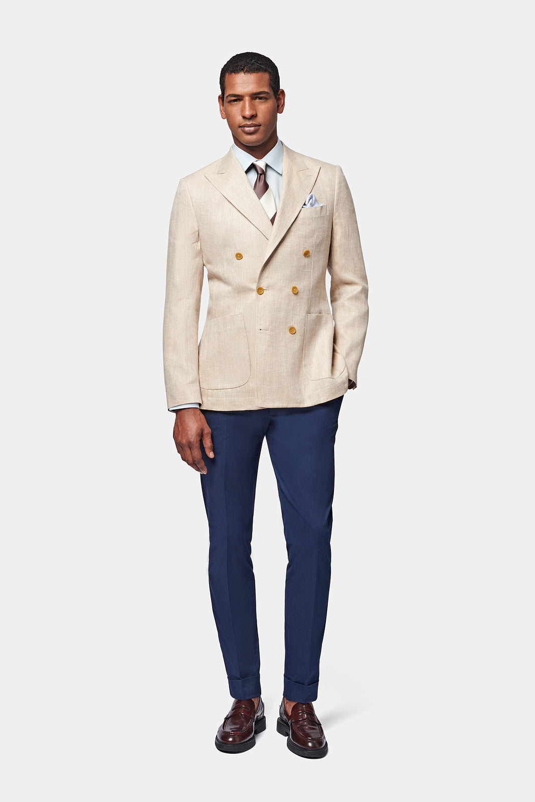 Contemporary Linen Herringbone Double Breasted Blazer Jacket in Egret