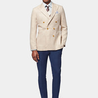 Contemporary Linen Herringbone Double Breasted Blazer Jacket in Egret