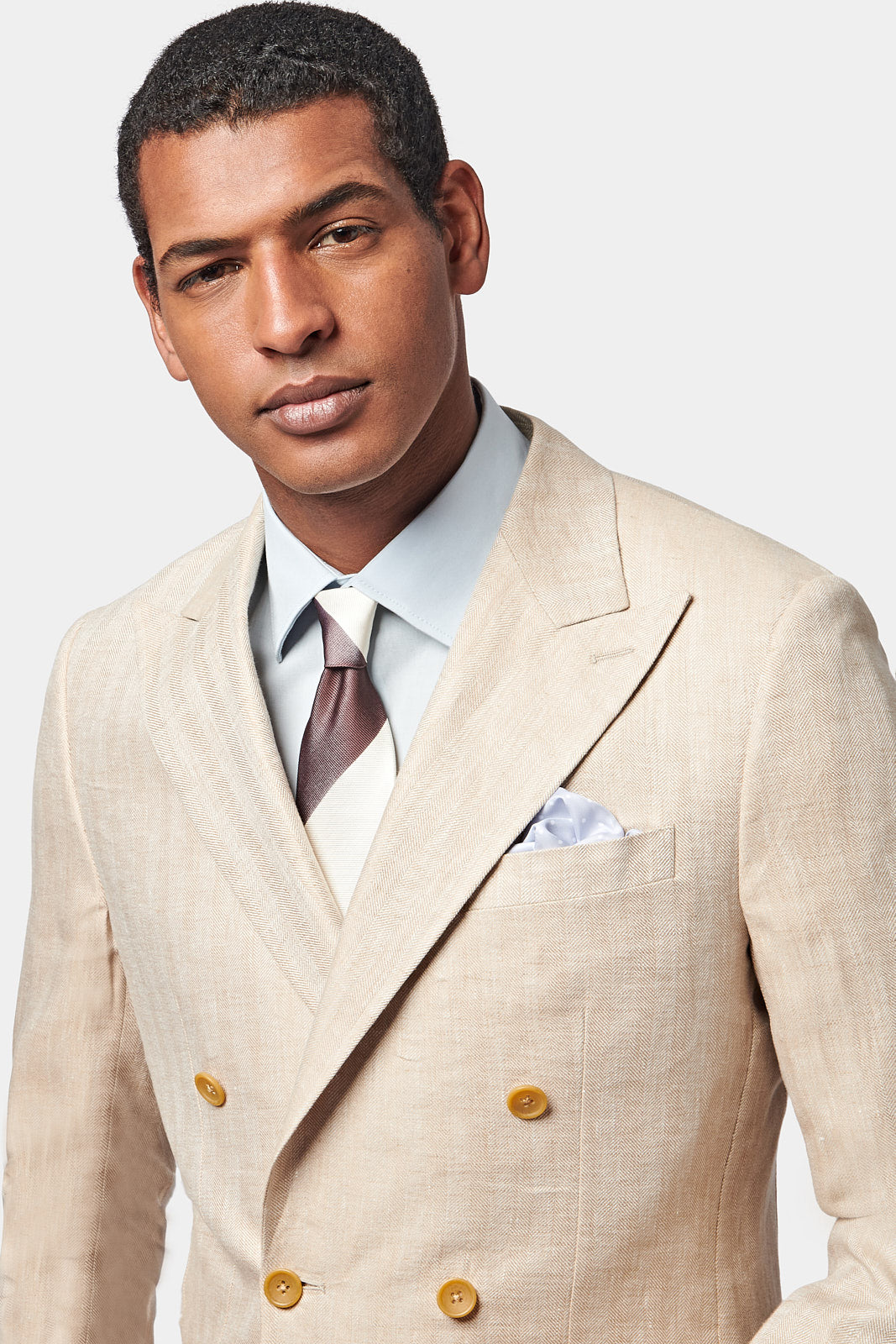 Contemporary Linen Herringbone Double Breasted Blazer Jacket in Egret