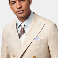 Contemporary Linen Herringbone Double Breasted Blazer Jacket in Egret