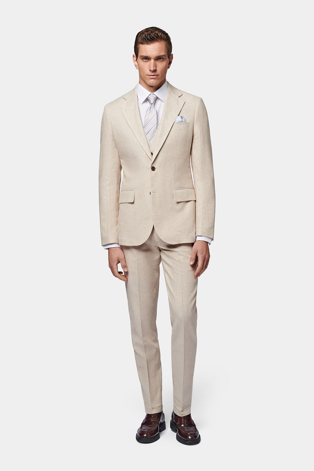 Linen Blend Classic Three Piece Suit in Egret