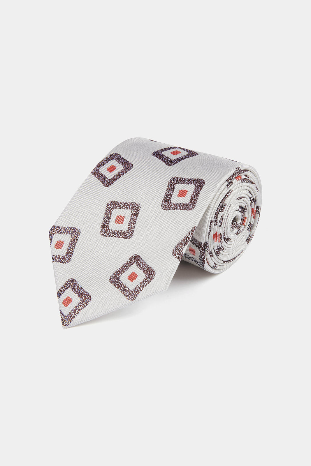 100% Silk Geo Print Tie in Egret