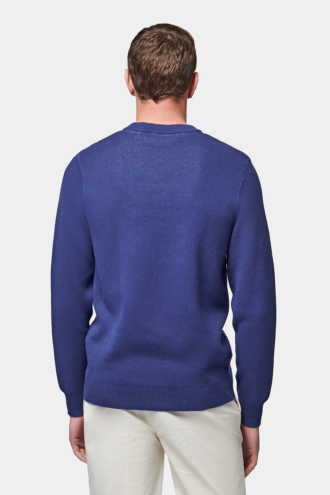 Knitted Intarsia Crew Neck Jumper in Midnight Blue