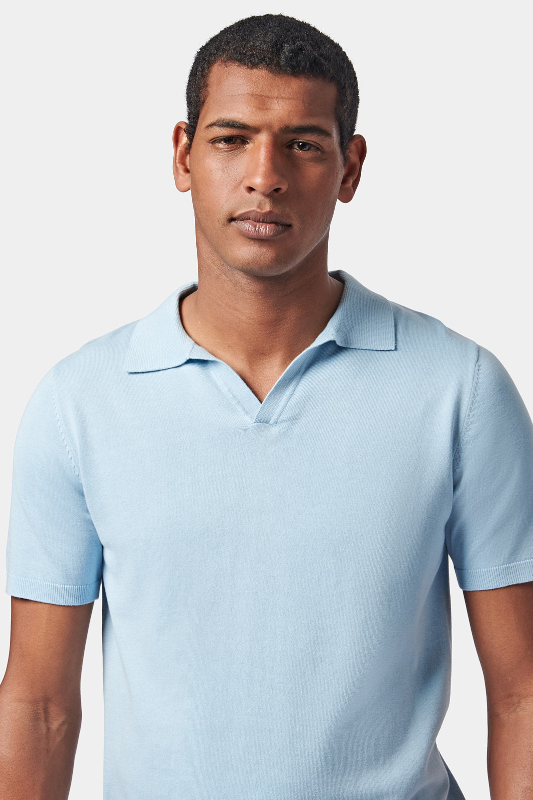 Knitted Short Sleeve V-Neck Polo in Cerulean