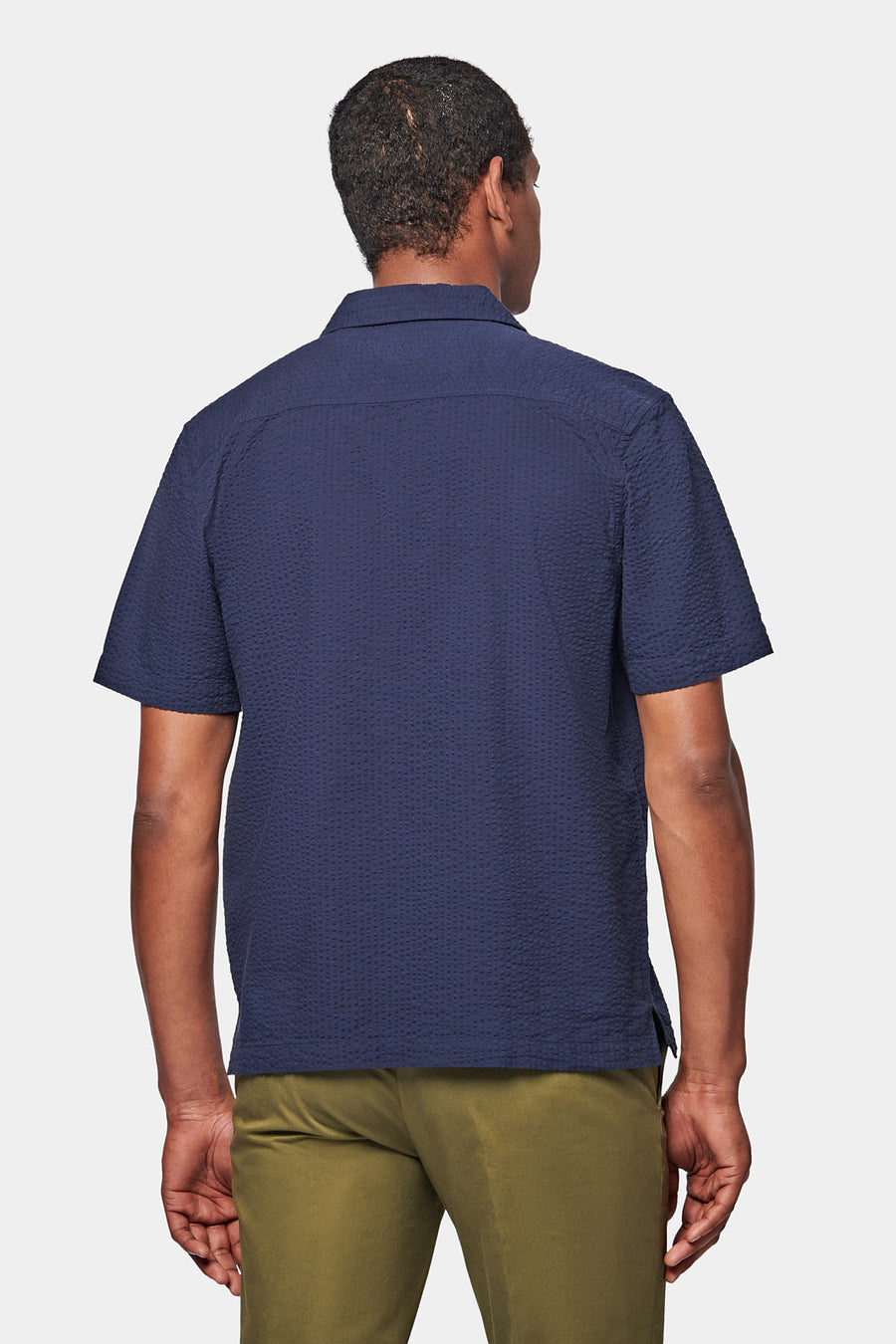 Casual Revere Collar Seersucker Short Sleeve Shirt in Navy Blue